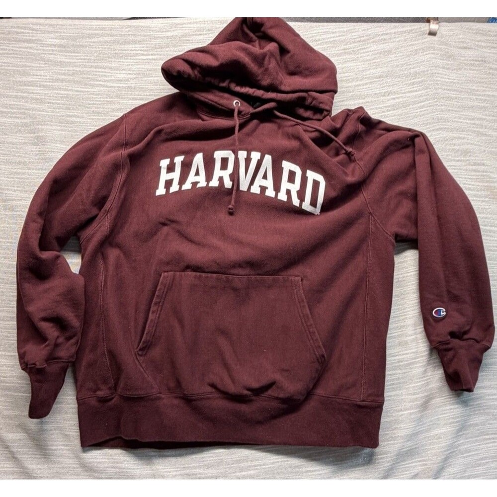 Harvard Hoodie Men’s XL Champion Maroon Spell Out Logo Pullover EUC